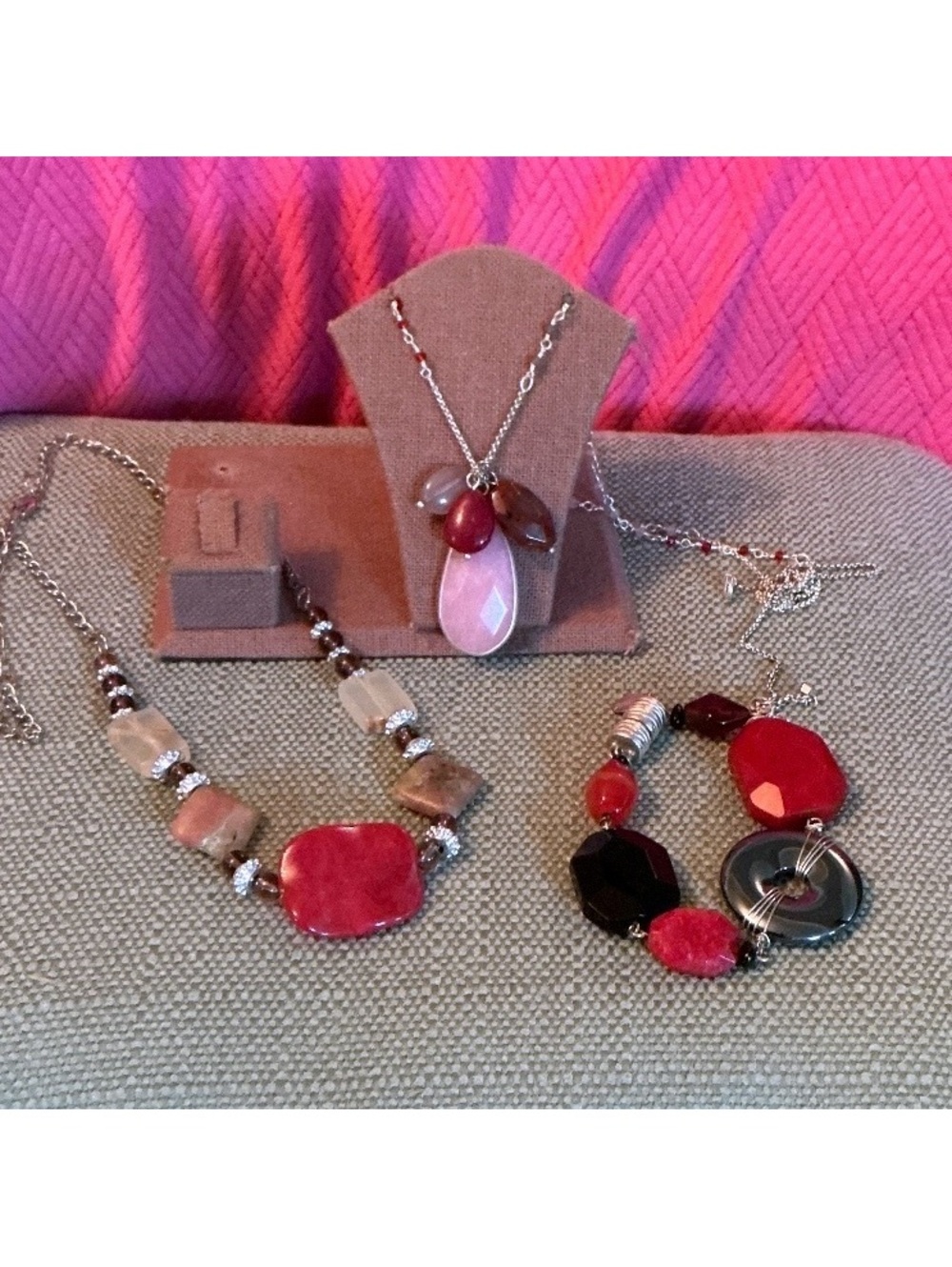 Chunky Ruby & Stone 3 Piece Lot 2 Necklaces 1 Bracelet in Silver-tone